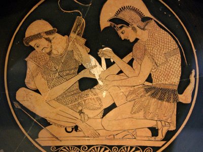 “Achilles Binding the Wounds of Patroclus,” 6th century B.C., ceramic.