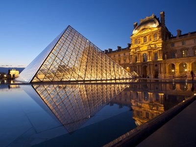 The Louvre Museum at dusk.