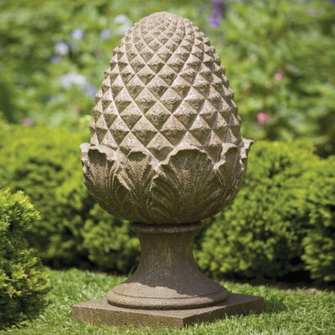 Create “Wow” with a statement piece. Grand pine cone statue ($422.50). McArdle’s, 48 Arch St., Greenwich, (203) 661-5600, mcardles.com