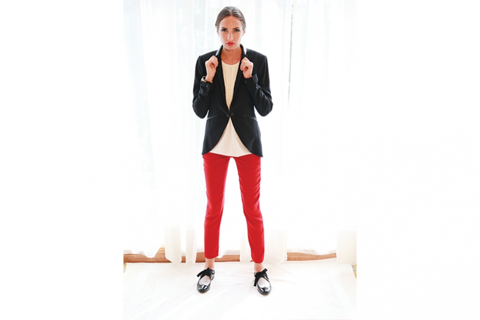 Ladylike Meets Men’s wear
Erin puts a perfectly Parisian twist on her men’s wear-inspired ensemble. She taps her toes in fabulous silver and patent leather loafers by Lanvin, $770, which accent her Rag & Bone jacket, $535; blouse, $350; and pants, $290; and Kara Ross bracelet, $195.