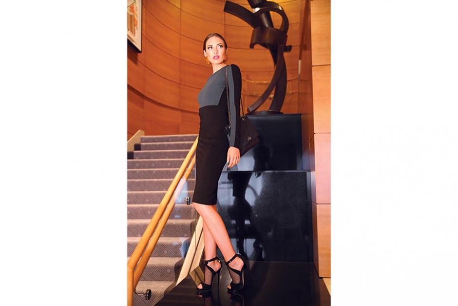 Sporty, Sexy Style
Erin balances the sportiness behind Stella McCartney’s scuba dress, $845, with the sexiness of her Jimmy Choo mesh booties, $995, and Herve Van Der Straeten earrings, $425.