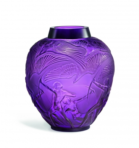 The Archers vase in violet will be among the new Lalique creations making their debut in January. It is an original René Lalique design from 1921, re-issued in violet crystal, the signature color of designer Patrick Hellman. Photograph courtesy Lalique.
