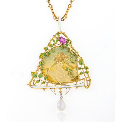 Art Nouveau jewelry will be in the spotlight during a Dec. 7 event hosted by the Greenwich Decorative Arts Society. Gautrait pendant photograph by Antonio Virardi of Macklowe Gallery.