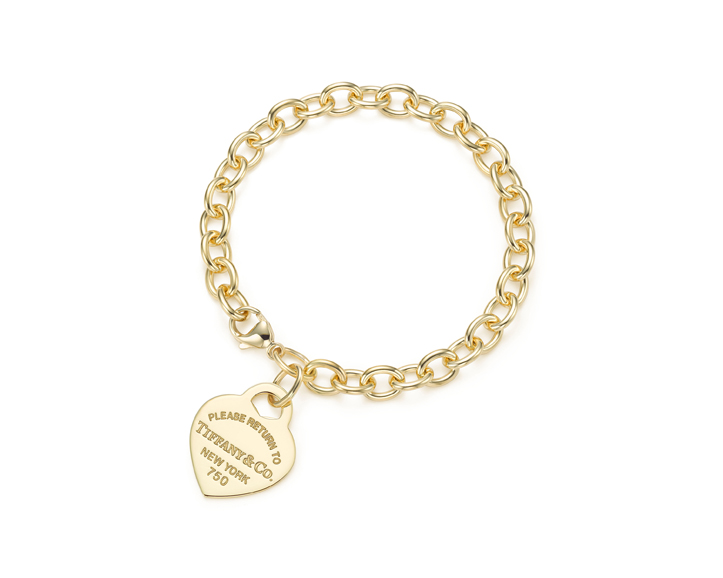 “Return to Tiffany” medium heart tag in 18-karat gold on a bracelet, $3,550. Photograph courtesy of Tiffany & Co.