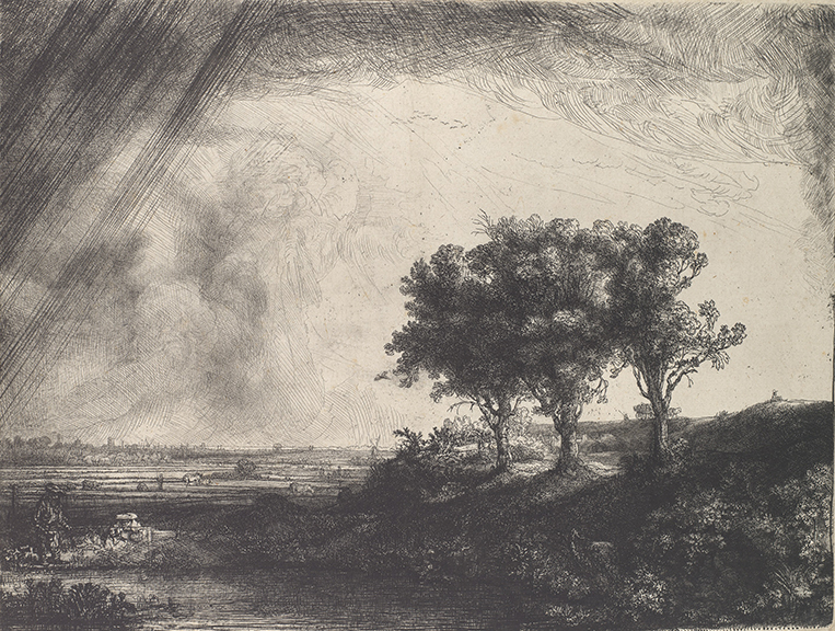 Rembrandt (Rembrandt van Rijn) (Dutch, Leiden 1606–1669 Amsterdam). “The Three Trees” 1643.
Etching with drypoint and engraving. Plate: 8 3/8 x 10 15/16 in. (21.3 x 27.8 cm) sheet: 8 3/8 x 11 1/8 in. (21.3 x 28.3 cm) mount: 14 1/4 x 19 1/4 in. (36.2 x 48.9 cm). The Metropolitan Museum of Art, H. O. Havemeyer Collection, Bequest of Mrs. H. O. Havemeyer, 1929 (29.107.31). Image: © The Metropolitan Museum of Art, New York.