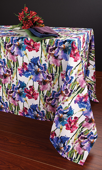Add an artistic touch to home entertaining with Bodrum Linens’ Iris Blue tablecloth. Photograph courtesy of Bodrum Linens.
