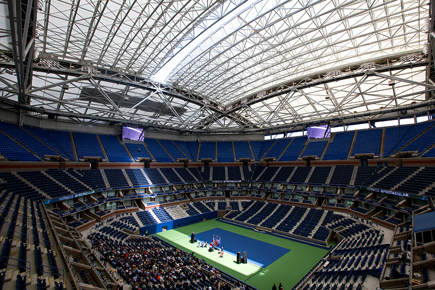 During the USTA Unveiling Spectacular to celebrate the first public demonstration of the new roof over Arthur Ashe Stadium at the Billie Jean King National Tennis Center.