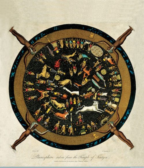 A 19th-century illustration of the Dendera zodiac, a bas-relief on the ceiling of the Hathor temple at Dendera in Egypt. It is the only complete map of the ancient skies to have survived, and dates from around 50 BC.
	John Chapman after Vivant Denon, colored engraving of the Egyptian zodiac, Dendera. 
	Wellcome Library, London; Wellcome Images
