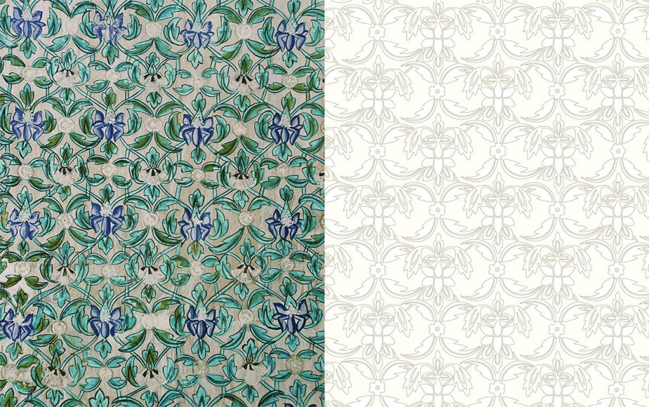 A painted ceiling from Henry Wilson’s “Patterns of India:  A Coloring Book.” This floral motif in white, turquoise and dark blue is set in an open ogee grid, composed of a very thin ribbon, undulating diagonally right and left. Bundi Palace, Rajasthan, mid-18th century. Photograph and line illustration © 2017 Henry Wilson. Courtesy Thames & Hudson.