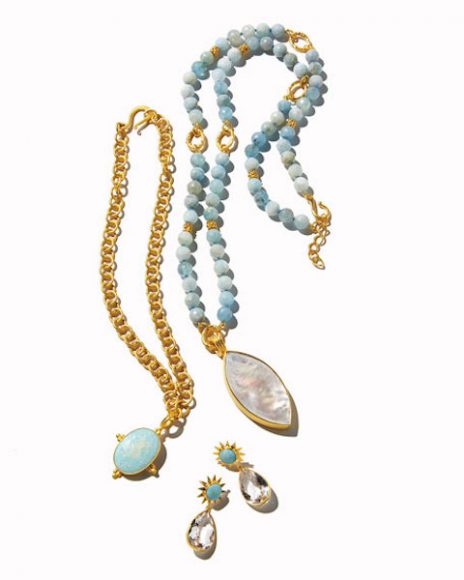 An assortment of Dina Mackney’s opal and aquamarine creations. Photograph courtesy Neiman Marcus.