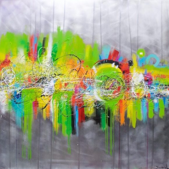 Melanie Simard, “Regard Estival,” 2017, Acrylic paint on aluminum, 48x48 in. Photograph courtesy Mahlstedt Gallery.