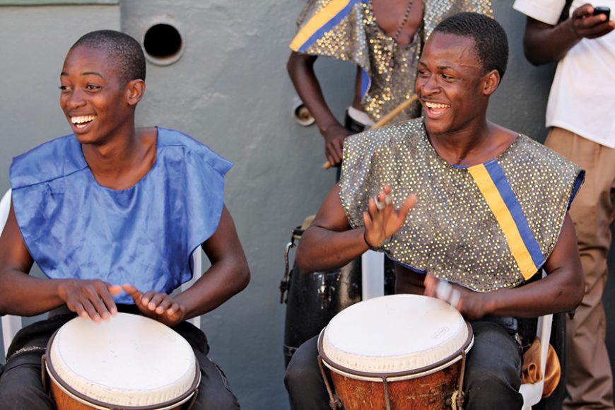 Street performers playing outside the port of Falmouth in Jamaica ahead of the national labor day celebrations.