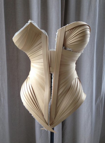 Catherine Latson, “Birch Corset,” 2016. Birch veneer, tapioca wood, vintage remnants. Courtesy of the artist. Image courtesy Hudson River Museum.
