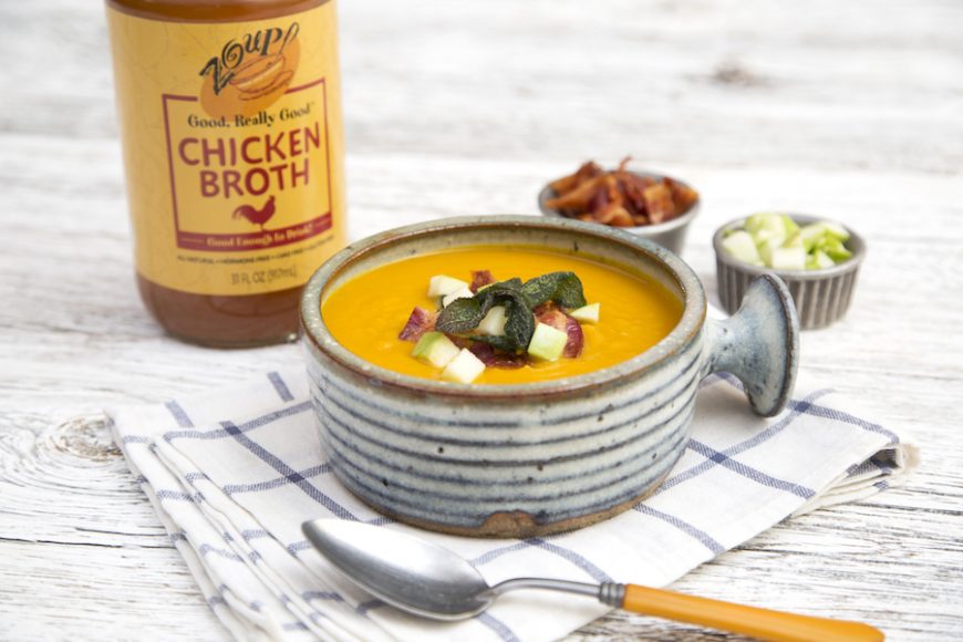 Use Zoup! Good, Really Good broth to make Winter Squash Soup with Apple, Smoky Bacon and Sage. Courtesy Zoup! Fresh Soup Company.