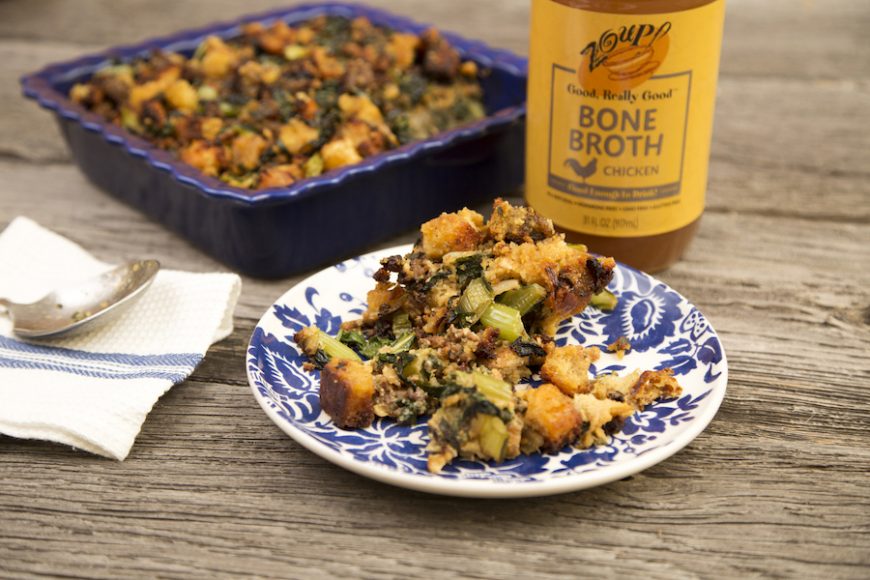 Cornbread Stuffing with Spicy Sausage, Chard and Sage Brown Butter features Zoup! Good, Really Good Broth. Courtesy Zoup! Fresh Soup Company.