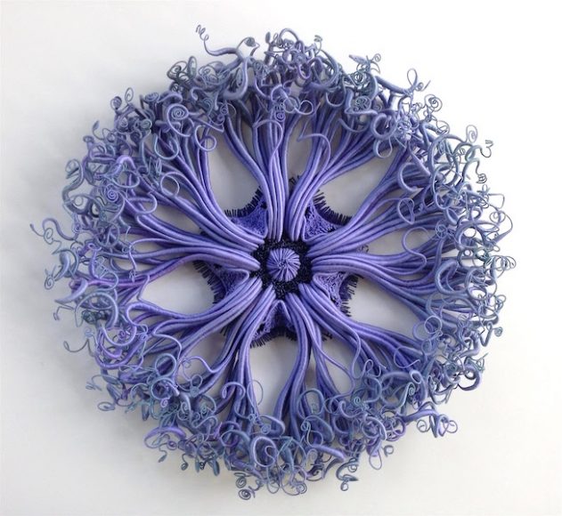 Catherine Latson, “Specimen 14,” 2019, hand-dyed cotton thread, cotton, wire, 28 inch diameter x 4.5 inches (unframed), 34 x 34 x 5 inches (framed in acrylic shadowbox). Courtesy Kenise Barnes Fine Art.