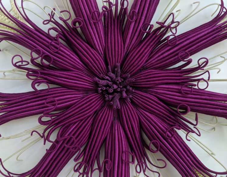 Catherine Latson, “Specimen 16 (detail),” 2019, hand-dyed cotton thread, cotton, wire, 26 inch diameter x 4 inches deep (unframed), 32 x 32 x 4.75 inches (framed in acrylic shadowbox). Courtesy Kenise Barnes Fine Art.