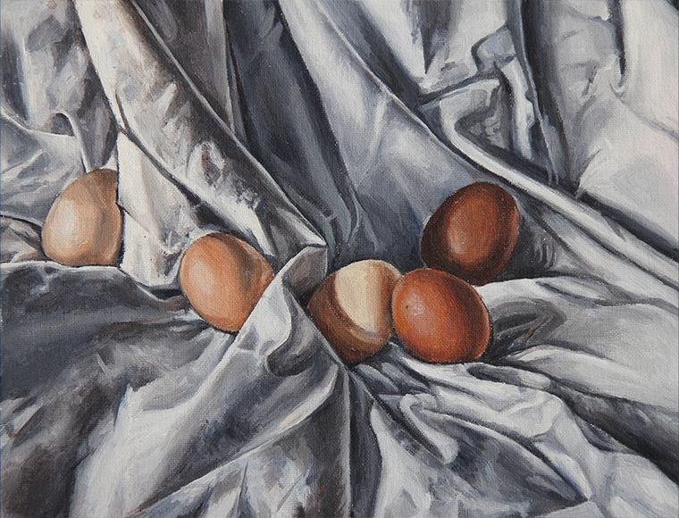 Abigail E. Wixom’s “Eggs and Drapery I,” Horace Greeley High School, Chappaqua, Grade 10, age 16. 