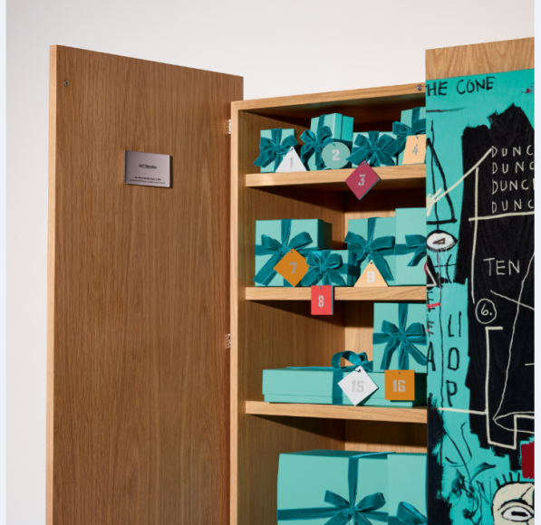 The 2021 Tiffany & Co. Advent Calendar, featuring a print of Jean-Michel Basquiat's “Equals Pi” (1982). Courtesy Tiffany & Co. Artwork © The Estate of Jean-Michel Basquiat, licensed by Artestar, New York.