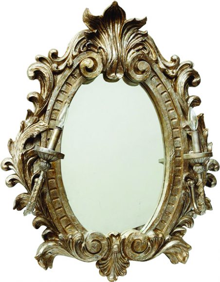 Damask mirror with electric sconces, Tiger Lily’s Greenwich, $2,300. (203) 629-6510, tigerlilysgreenwich.com.