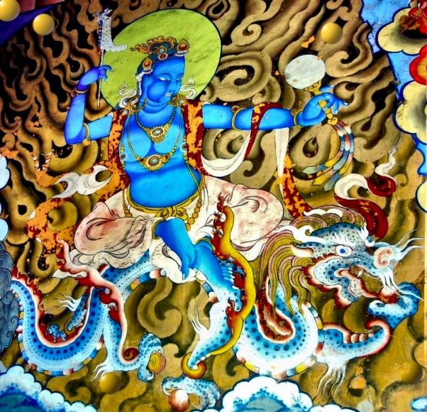 The blue goddess riding the thunder dragon is a female protector of the “Snowy Lands” and a symbol of empowerment in Bhutan.