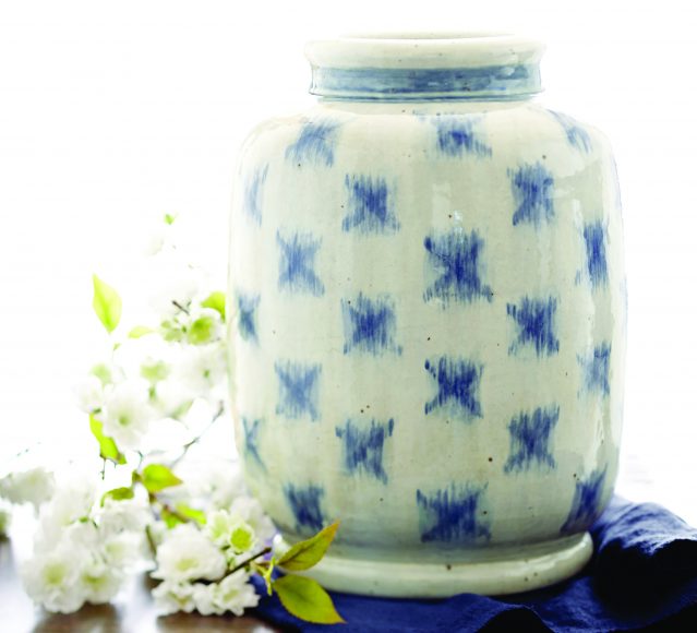 Blue ikat vase, hand-thrown ceramic, 14 inches tall, 10.5 inches in diameter, $119, potterybarn.com. 