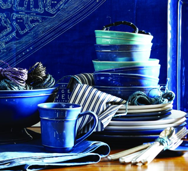 Pottery Barn’s Cambria dinnerware in Ocean, $32-$115, available at potterybarn.com.