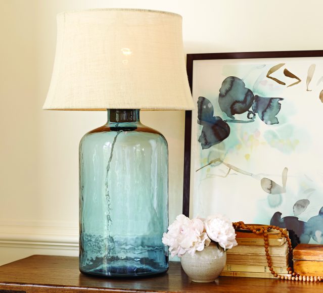 Clift glass table lamp, light blue, $170, potterybarn.com.