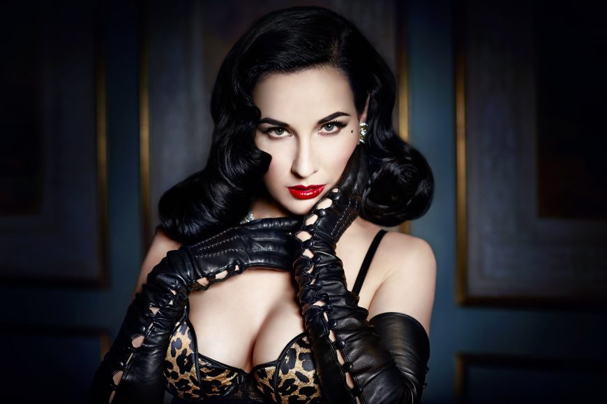 Dita Von Teese lingerie tulip cheetah head shot