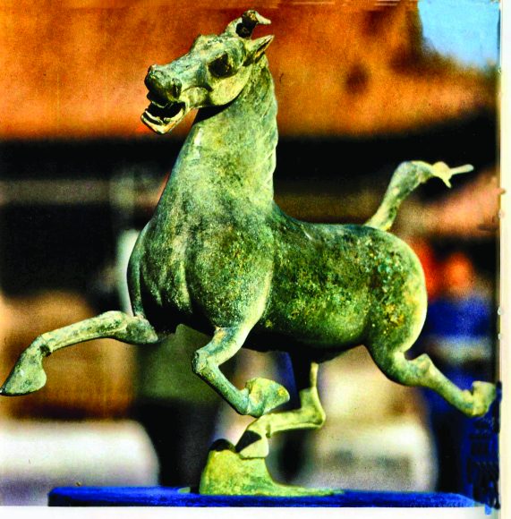 This flying horse was discovered in a Han Dynasty tomb (212 B.C.) in 1972. 