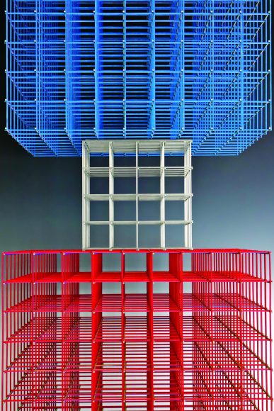 Alois Kronschlaeger, Study for site-specific installation for “Tales of Two Cities: New York & Beijing,” multicolored cubes in bass wood and ink, stainless cube in stainless steel. Work and photograph courtesy of the artist and Tierney Gardarin Gallery.