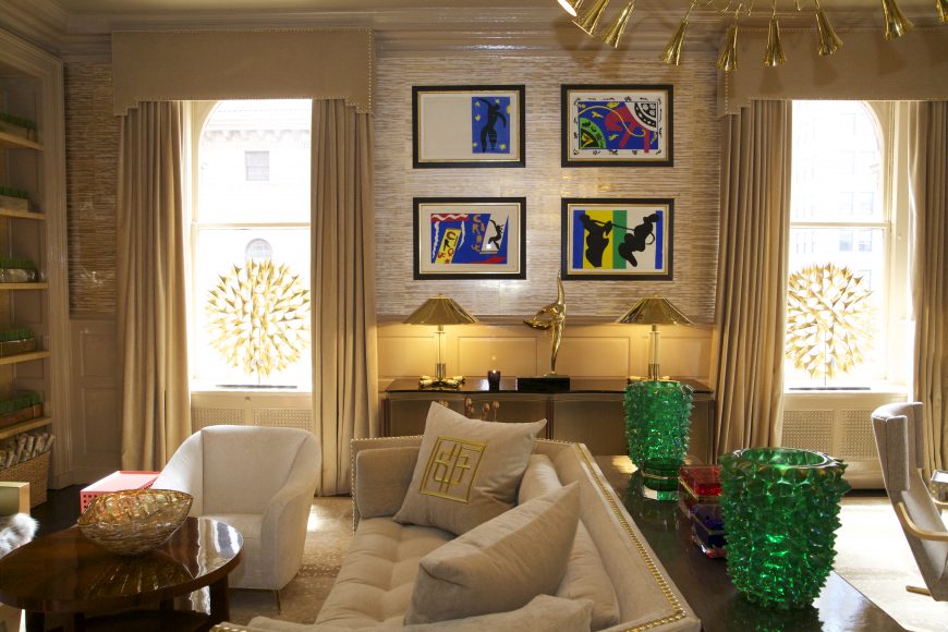 Kirsten Fitzgibbons and Kelli Ford, Dallas sisters with a Greenwich showroom, used the “Jazz” suite by Henri Matisse as a jumping-off point for their trademark bold styling.