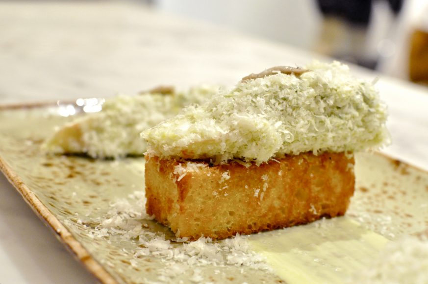 Deconstructed Caesar salad with brioche twinkie.