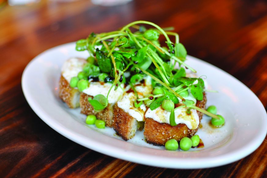 Burratta with arugala and English peas. 