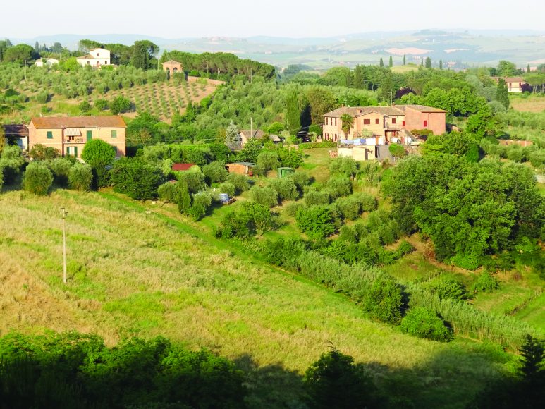 View over Tuscan countryside near Porta Romana, Siena, Italy. 