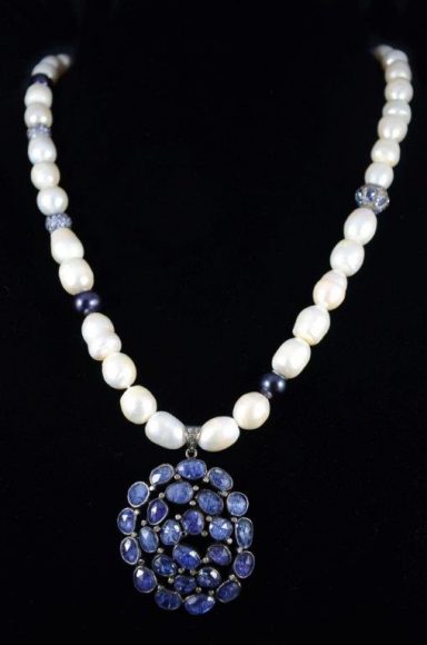 34-inch white baroque Akoya pearls with champagne diamonds and tanzanite pendant, $3,003.