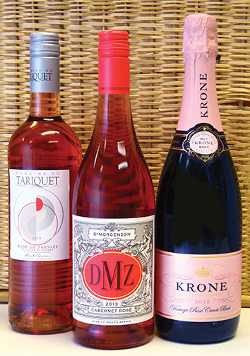 Domaine du Tariquet Rosé de Pressée, DMZ Cabernet Rosé and Krone Rosé Cuvée Brut MCC 2012, less than $20 each. Photograph by Bob Rozycki.