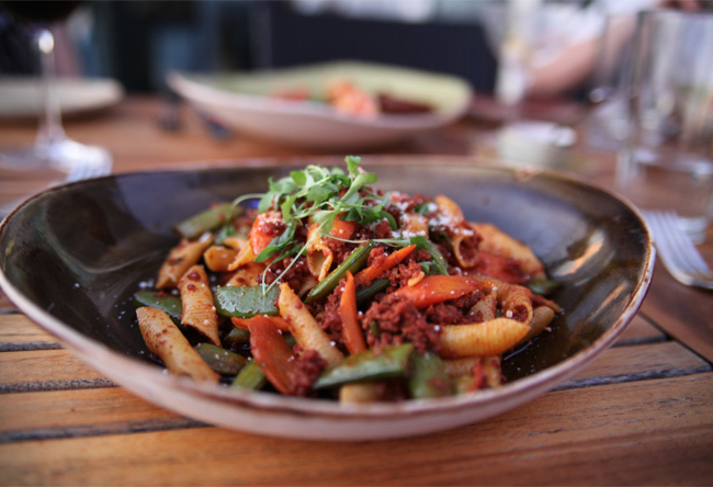 Garganelli Pasta – chorizo, snap peas, baby carrots, queso cotija and garlic Mexican olive oil.