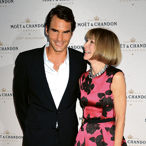 Aug 2013, New York City --- Celebrity guests come out to help Moet & Chandon celebrate its 270th Anniversary with new Global Brand Ambassador, 17-time grand slam winnter/international tennis champion, Roger Federer. Held at Pier 59 Studios at Chelsea Piers in NYC. Pictured: Roger Federer and Anna Wintour  --- Image by © Johns PKI/Splash News/Corbis