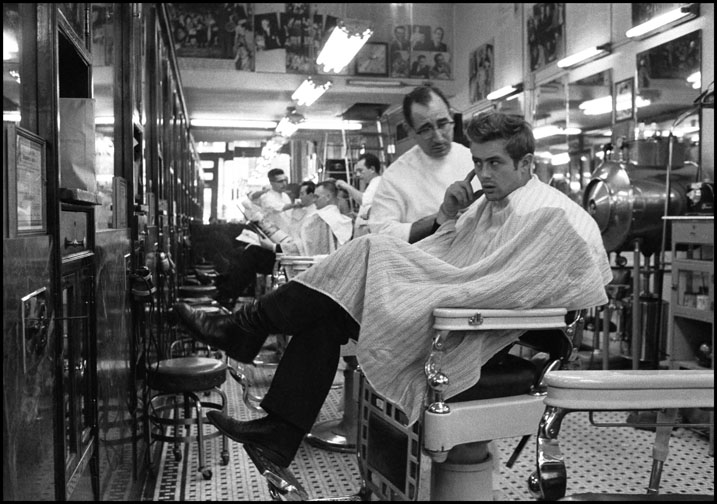 James Dean at a barber shop near Times Square, N.Y. ©2015 Dennis Stock/Magnum Photos. 
