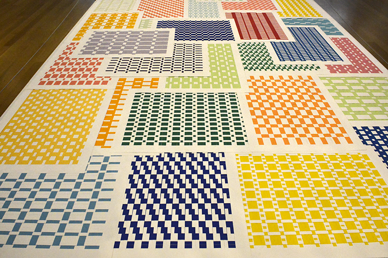 This paper weavings work by Michelle Grabner, “Untitled Installation, 2015,” is featured in the “Pathmakers” exhibition at MAD. Photograph by Bob Rozycki.