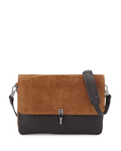 Cynnie Suede/Leather Messenger Bag in Black/Coco ($595) from Elizabeth and James. Photograph courtesy Neiman Marcus.
