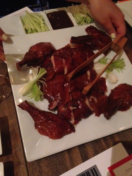 Classic Peking duck served mu-shu style with hoisin sauce and scallions