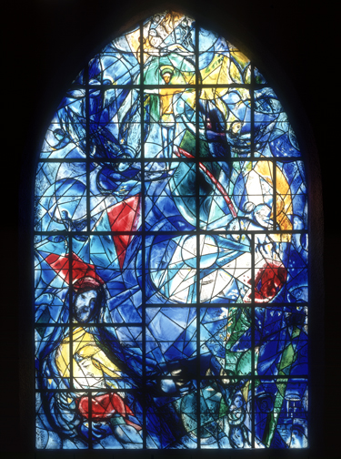 “The Good Samaritan” window by Marc Chagall at the Union Church of Pocantico Hills. Photograph courtesy of Historic Hudson Valley.