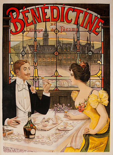 An 1898 French poster advertising Benedictine de L’Abbaye de Fécamp was illustrated by Lucien Lopes-Silva. Image courtesy of the International Vintage Poster Fair.