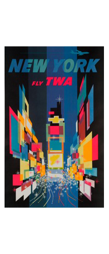 This circa-1961 New York Fly TWA, Times Square poster was illustrated by David Klein. Image courtesy of the International Vintage Poster Fair.