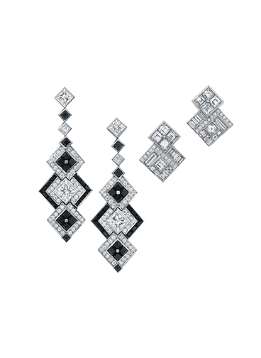 Tiffany earrings with diamonds in platinum. (From left): Earrings with black onyx and princess-cut and round brilliant diamonds; earrings with square-cut, baguette and round brilliant diamonds. $55,000 and $65,000 respectively. Copyright Tiffany & Co.