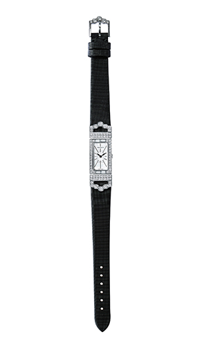 Tiffany watch in 18 karat white gold with baguette and round brilliant white diamonds on a black satin strap. Copyright Tiffany & Co.