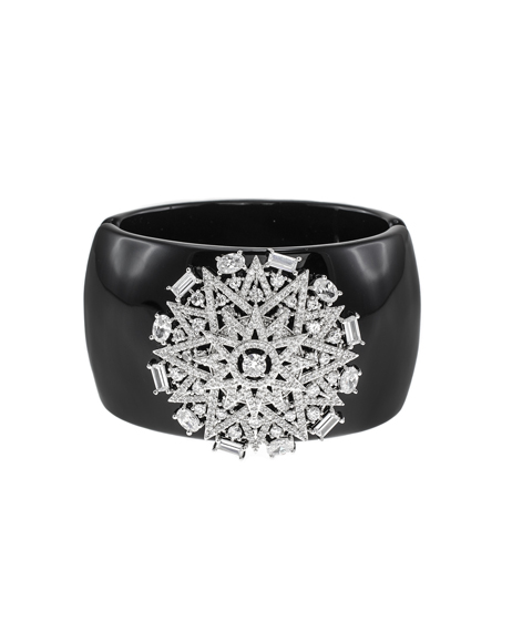 CZ by Kenneth Jay Lane’s Celestial Cuff  ($439) features a resin cuff with cubic zirconia and rhodium-plated brass. Photograph courtesy of CZ by Kenneth Jay Lane.