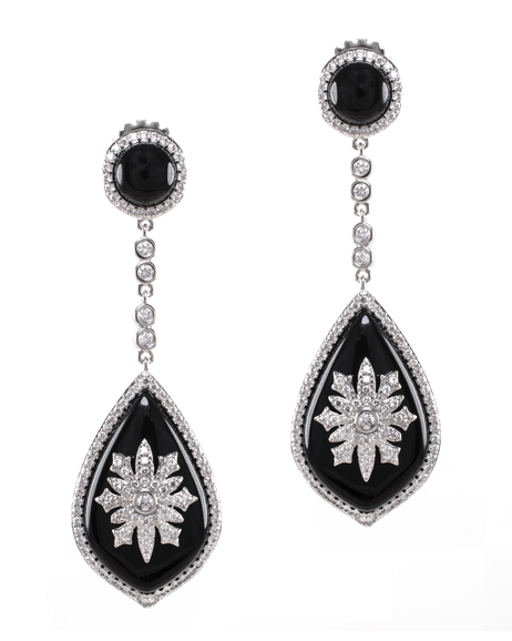 The Royal Crest Drop Earrings ($475) from the CZ by Kenneth Jay Lane collection feature resin, cubic zirconia and rhodium-plated brass. Photograph courtesy of CZ by Kenneth Jay Lane.